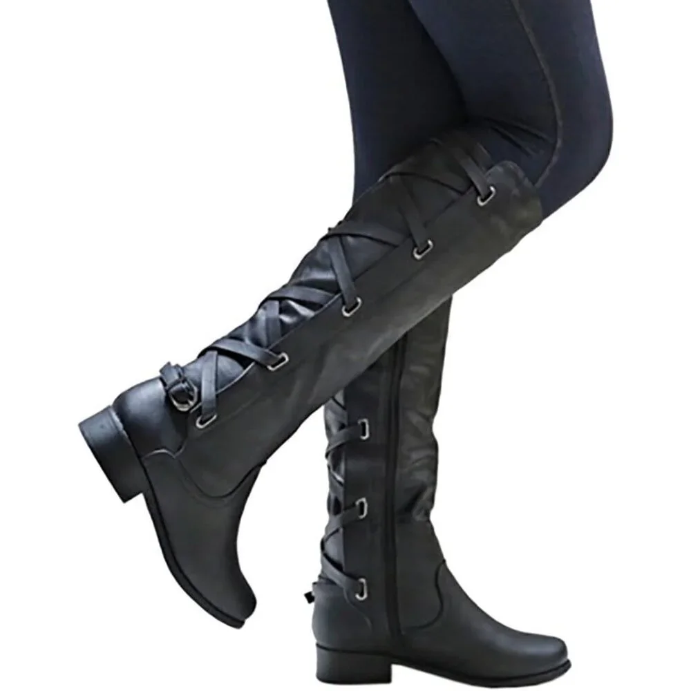 Womens Faux Leather Black Strappy Motorcycle Knee High Riding Flat Lace Up Boots